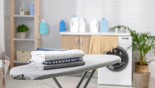 Folded clothes beside ironing board in modern laundry room