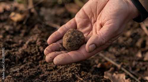 Hand holding freshly unearthed truffle over soil