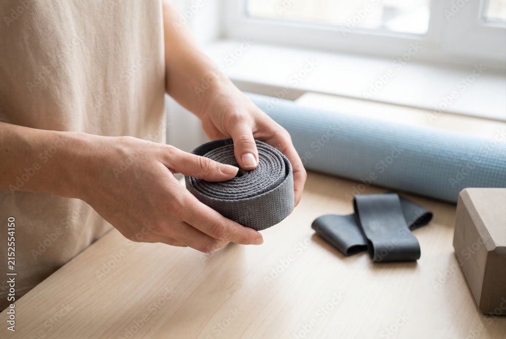 Fototapeta premium Hands carefully rolling up a long grey yoga strap on a wooden table next to a blue mat and resistance bands