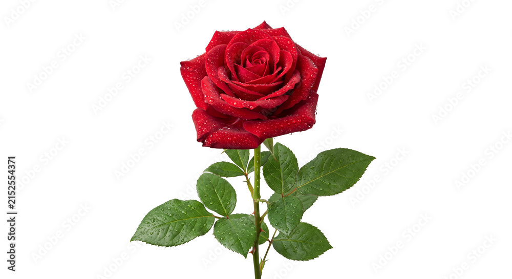 Naklejka premium Single red rose with water droplets on petals and leaves