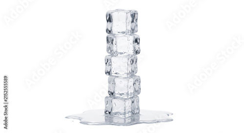 Fotografía Stack of melting ice cubes on a white background with water puddle