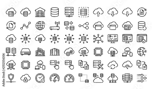 Cloud Computing Infrastructure Line Icons Set – Server, Database, Network and Cloud Technology