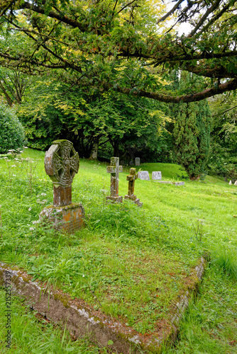 Ancient Celtic Cross Gravestones in Historic Country Churchyard