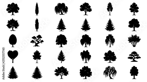 Trees Vector Icons in Various Shapes and Styles for Nature and Landscape Design Elements Featuring Tree, Plants, Forest