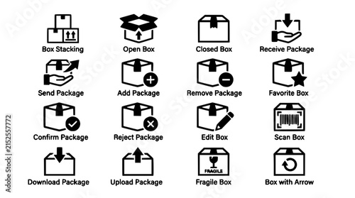 Box Icons Set Illustrating Package Shipping, Handling, Storage, and Delivery Processes in Vector Format