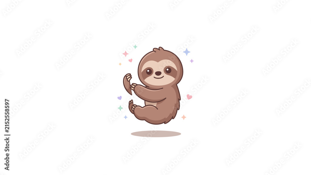 Fototapeta premium Cute cartoon sloth character hanging on white background.