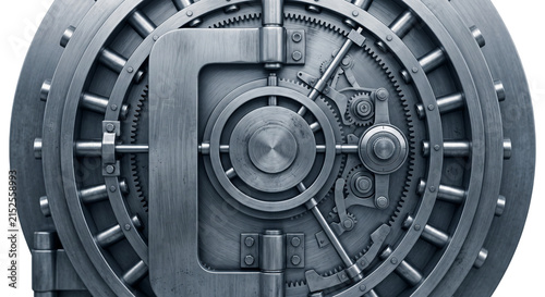 Close-up view of a heavy-duty bank vault door with intricate locking mechanism and gears