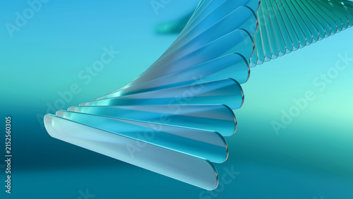 Modern blue and green 3D render of a twisting spiral glass structure. Ideal background for technology, science, modern design, business presentation, cover, and website header
