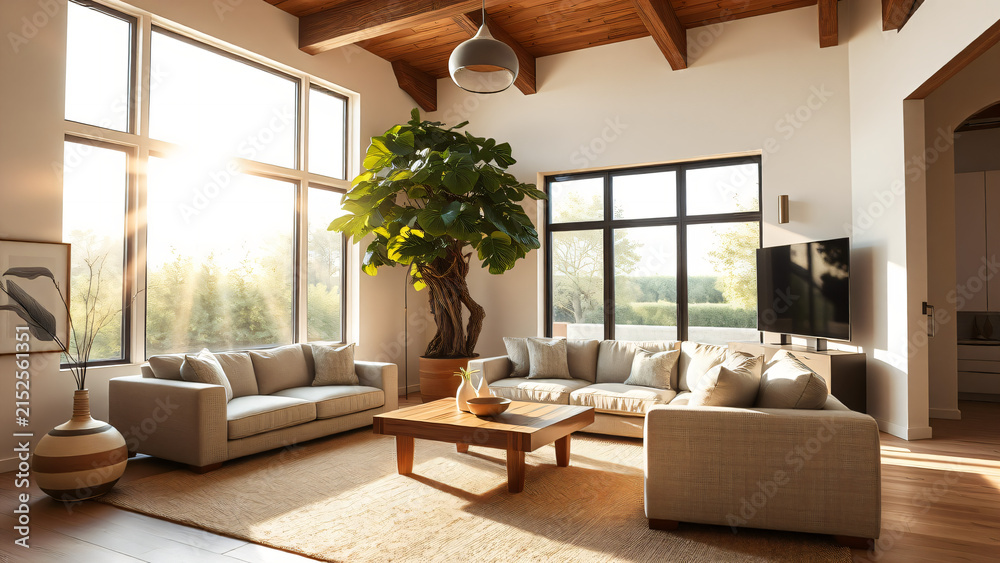 Fototapeta premium Spacious living room with dramatic double-height ceiling and warm golden sunlight