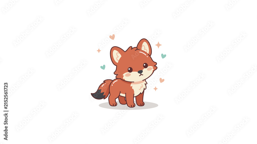Fototapeta premium Cute orange fox cartoon with hearts.