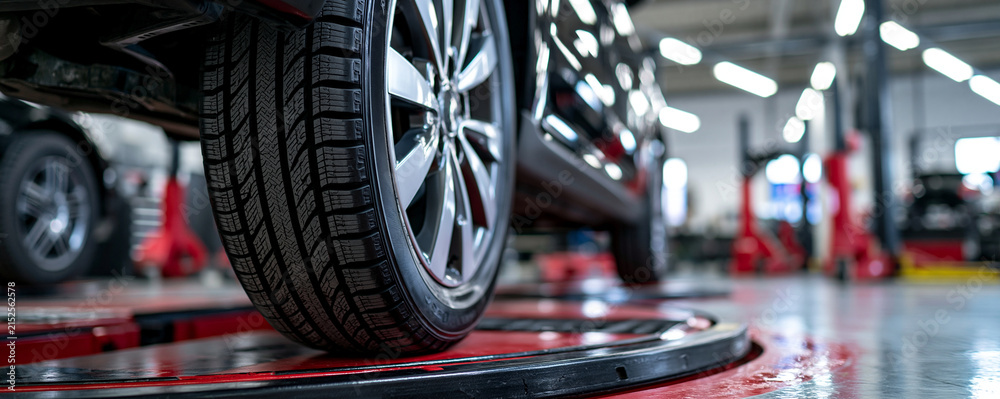 Fototapeta premium A close-up view of a car tire on a lift inside a professional garage. Concept for vehicle maintenance and tire repair.