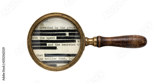 Canvas Print Magnifying glass over redacted document revealing secrets and investigation deta
