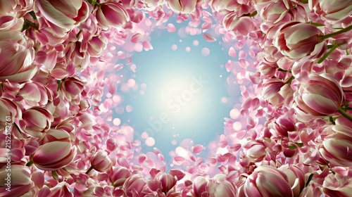 Pink magnolia flower frame around bright spring sky, romantic floral border background for wedding invitation, wallpaper and decor.


