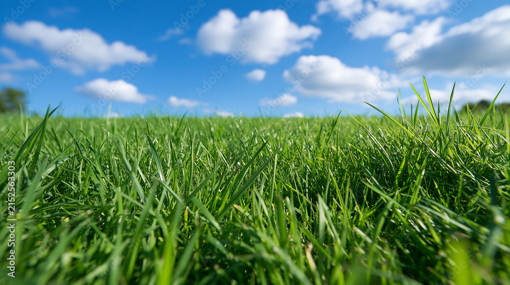 Obraz premium Low angle view of lush green grass blades against a brilliant blue sky. Perfect for concepts of freedom, growth, and.