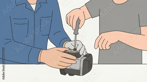 Vector illustration of hands repairing a mechanical pump with a screwdriver. Teamwork and maintenance concept
