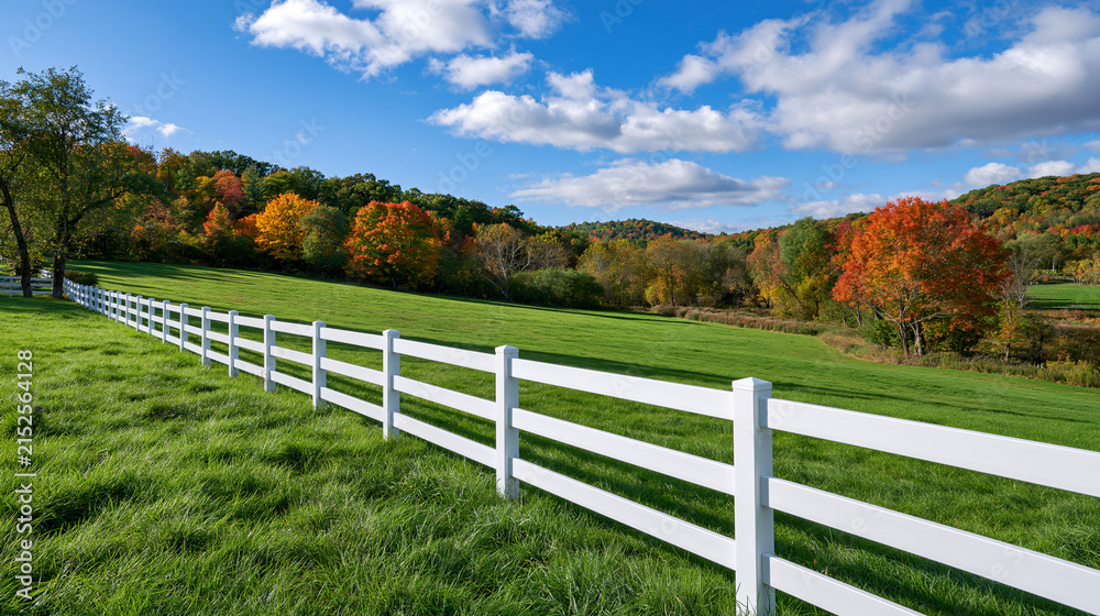 Fototapeta premium A white fence lines a vibrant green field against a backdrop of colorful autumn trees. Perfect for agricultural and.