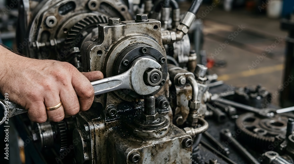 Fototapeta premium Mechanic Hand Tightening Metal Bolt On Heavy Engine Part With Wrench In Industrial Workshop Garage