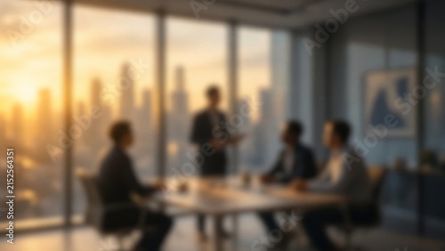 Business meeting in modern office building with city skyline at sunset, professional team discussing strategy
