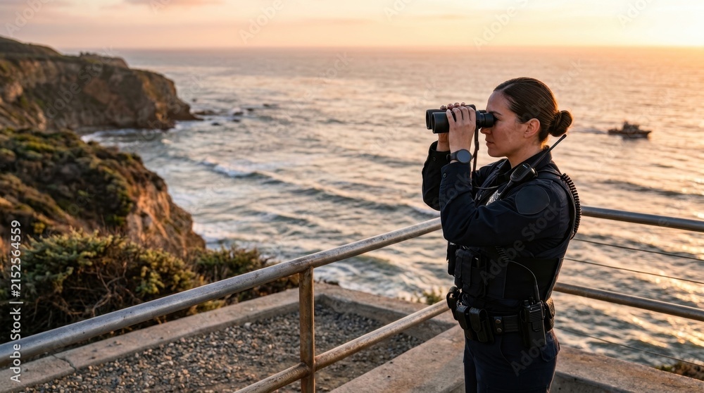 Obraz premium Female police officer looking through binoculars on coastal patrol. Law enforcement and security surveillance concept
