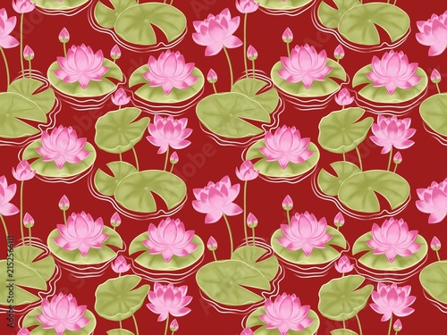 Elegant floral seamless pattern with hand-drawn pink lily water flowers, buds, and green lily pads floating on red background. Design for textile prints, wallpaper, wrapping paper, and fabric