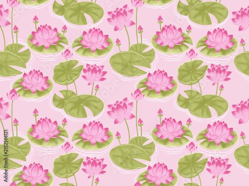 Elegant floral seamless pattern with hand-drawn pink lily water flowers, buds, and green lily pads floating on pink background. Design for textile prints, wallpaper, wrapping paper, and fabric