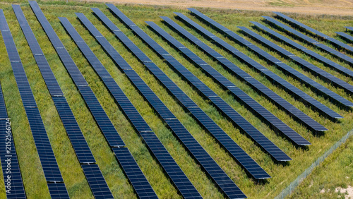 Aerial drone view of solar panel rows on green field – photovoltaic farm and renewable energy photo