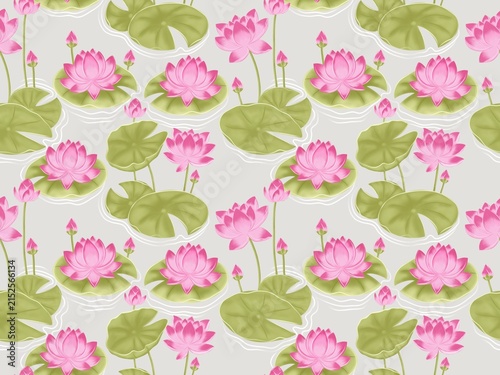 Elegant floral seamless pattern with hand-drawn pink lily water flowers, buds, and green lily pads floating on grey background. Design for textile prints, wallpaper, wrapping paper, and fabric