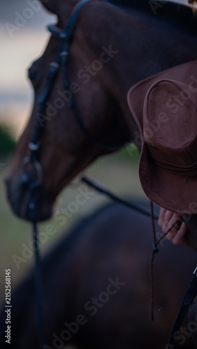 Quadro su tela Horse and rider during evening training session at the equestrian center