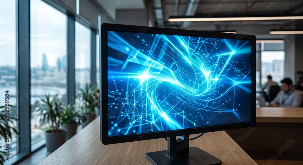 Fototapeta premium A modern computer monitor displays a vibrant blue abstract digital pattern, symbolizing data flow and connectivity, set against a blurred office background with a city view.