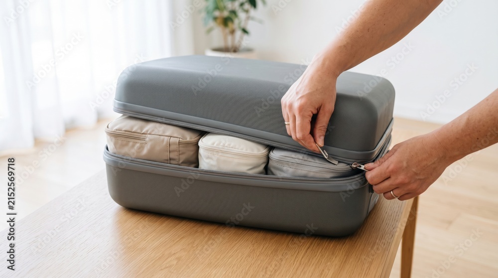 Fototapeta premium Hands zipping up a modern grey hardshell suitcase filled with neatly organized packing cubes
