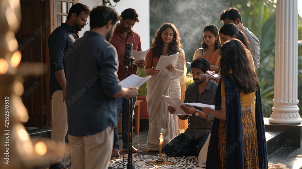 Fototapeta premium Dubbing studio voice actors gathered around a microphone in morning mist outside a home entrance adorned with fresh Diwali rangoli, intricate geometric patterns underfoot, the
