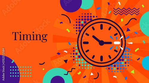 Timing concept illustration with orange clock and confetti