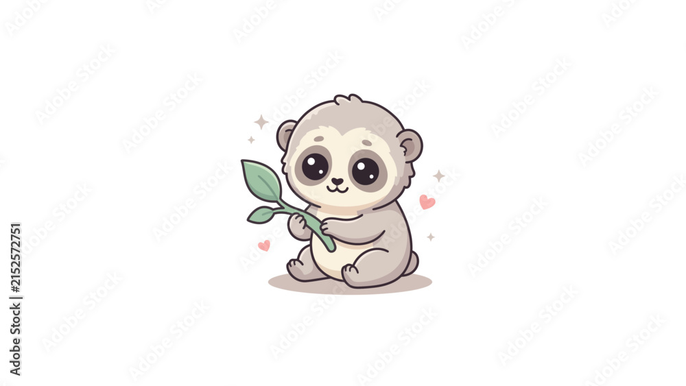 Fototapeta premium Gentle kawaii sloth character holding a green leaf.