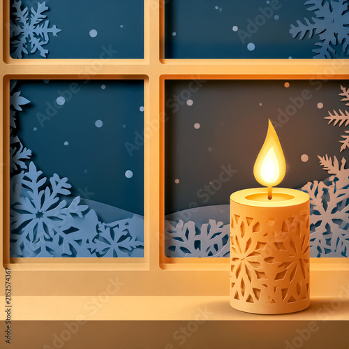 Paper-cut candle glowing in a frosted winter window / festive kirigami art
