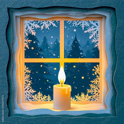 Paper-cut candle glowing in a frosted winter window / festive kirigami art

