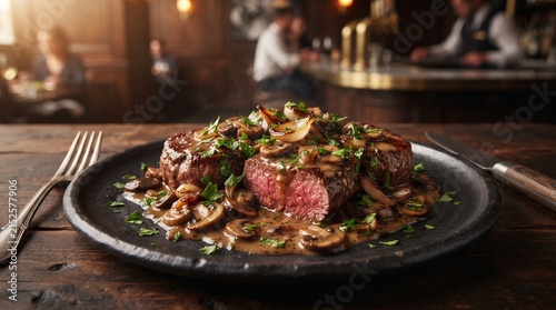 Steak Diane with tender beef, mushroom cream sauce, roasted shallots and parsley in an elegant modern steakhouse.