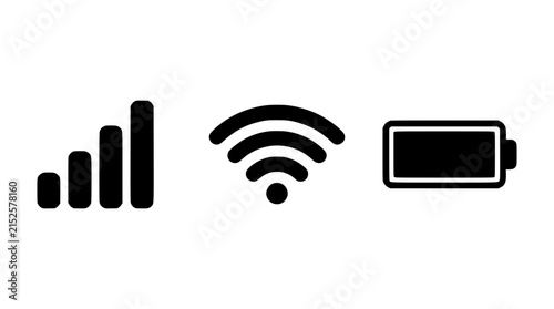 Signal Strength, Wifi, and Battery Status Icons in a Minimalist Black and White Design for Interface Use.