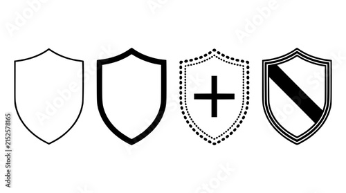 Shields with Various Designs Including a Solid Outline, Thick Outline, Dotted Outline with a Cross, and Striped Pattern.
