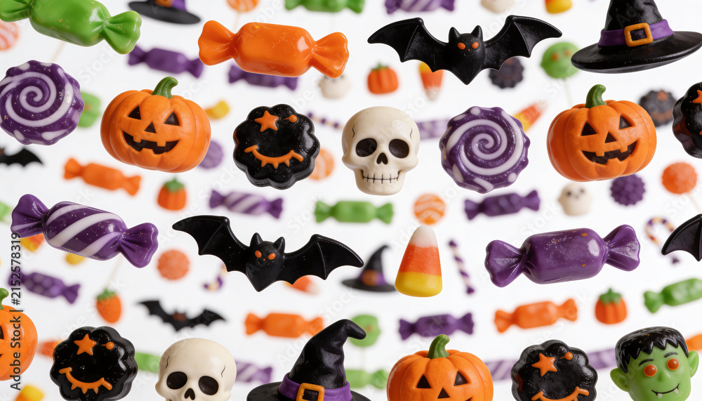 Obraz premium Halloween Candy Pattern Background, Floating Jack O Lantern Pumpkin, Spooky Skull Bat Witch Hat, Trick Or Treat Sweets Decoration, Autumn Holiday Party Frame, Festive Monster Halloween Treats.