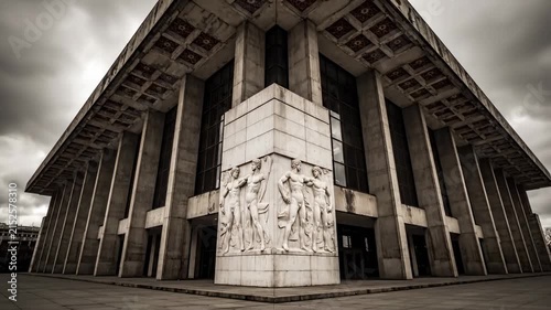Brutalist Concrete Building with Classical Bas-Relief Sculpture for urban design and historical projects.