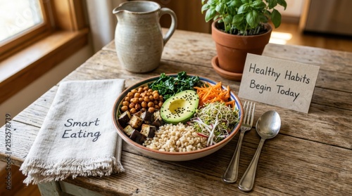 Vibrant vegan Buddha bowl with fresh avocado slices, roasted chickpeas, kale, and brown rice sits on a rustic wooden table beside motivational notes encouraging smart eating habits and wellness goals.