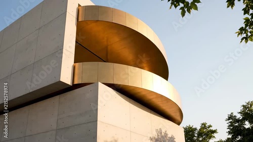 Modern Architectural Elegance: Concrete building with curved gold metallic balcony framed by green trees, ideal for real estate and design projects.