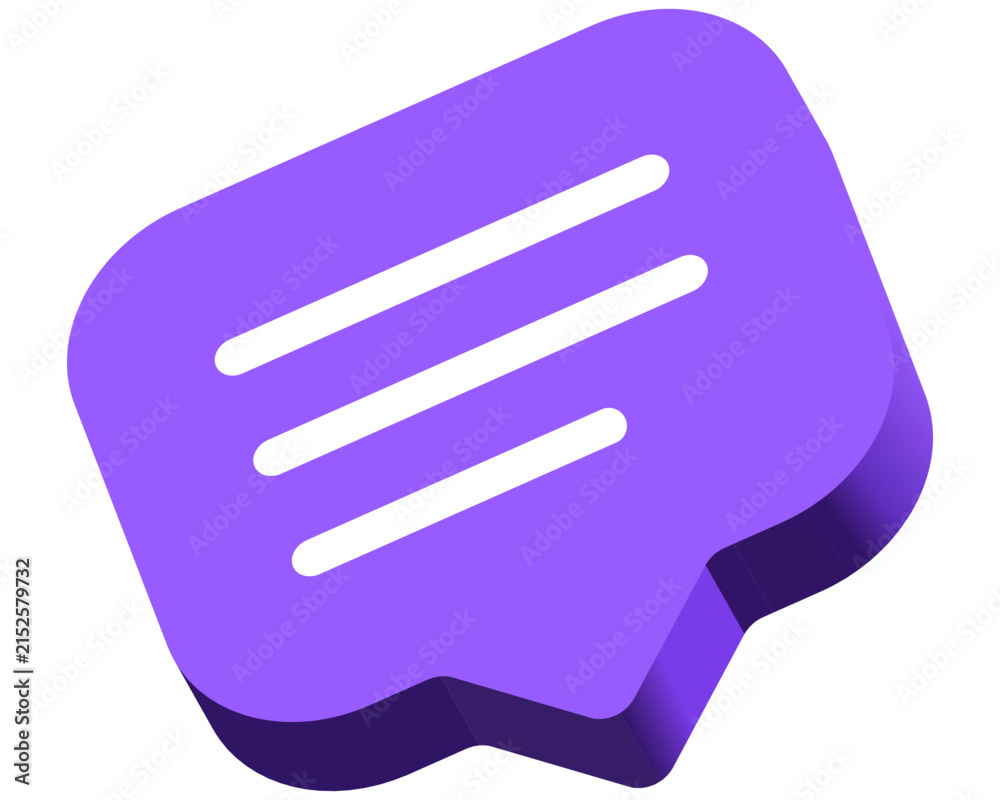 Obraz premium Vector purple 3D speech bubble icon with text message lines isolated on white background. Modern chat, comment, communication, and discussion UI design element. Web Svg icon