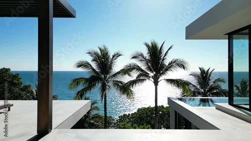 Luxury Oceanfront Villa: Modern Interior with Palm Trees and Sea View, Perfect for Real Estate.