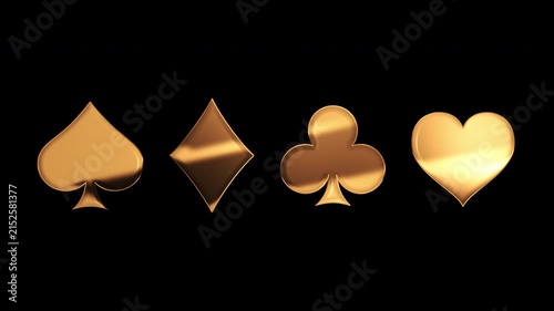 Golden card suit symbols shine gold liquid texture motion animation against dark background with alpha channel. spade diamond club and heart for luxury poker casino gambling games animation.