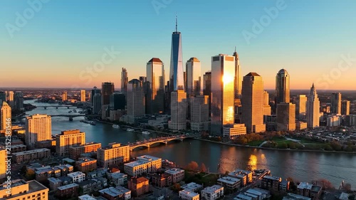 Golden Hour NYC Skyline Aerial View of Lower Manhattan Skyscrapers for Urban Travel Promos.