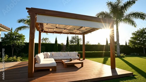 Luxury Backyard Pergola with Modern White Sofa and Deck, perfect for real estate and outdoor design.