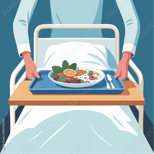 A healthcare provider carefully places a nutritious meal on a patient's bed, offering a comforting gesture of care and recovery within a hospital setting.
