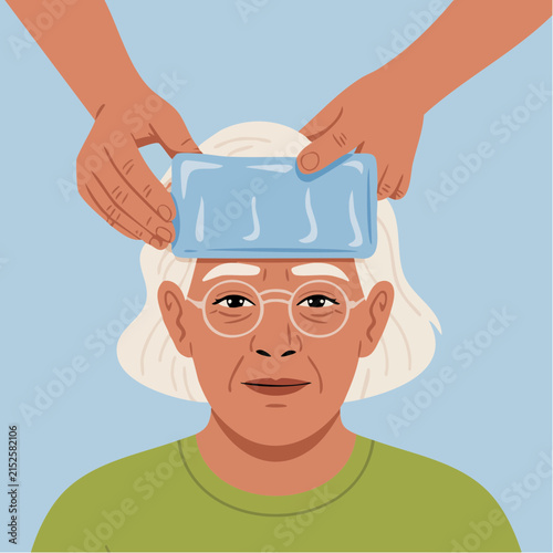 A caring hand applies a cool compress to the forehead of an elderly woman, offering comfort and relief from discomfort, illustrating tenderness and support.
