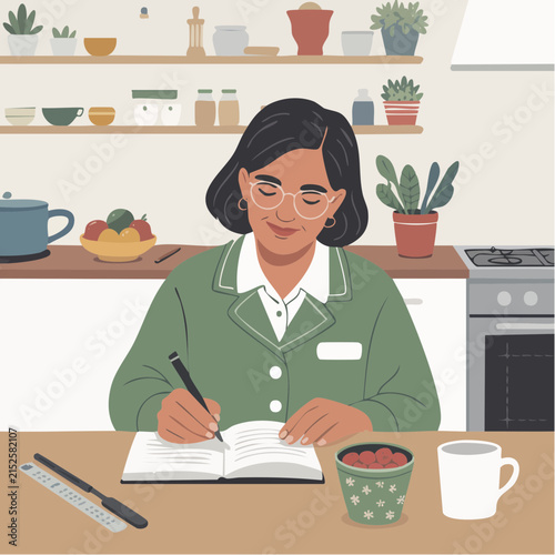 A smiling woman with glasses sits at a table in a cozy kitchen, wearing a green outfit, diligently writing in a notebook. She has a bowl of fruit and a mug on the table.